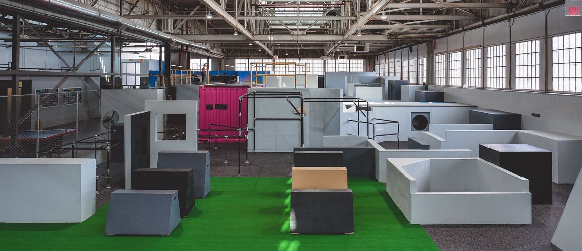 Parkour blocks and vaults on the training floor
